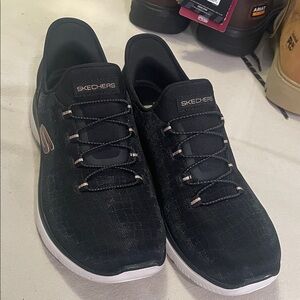 Skechers Men's Black Slip-On Knit Sneakers with White Sole